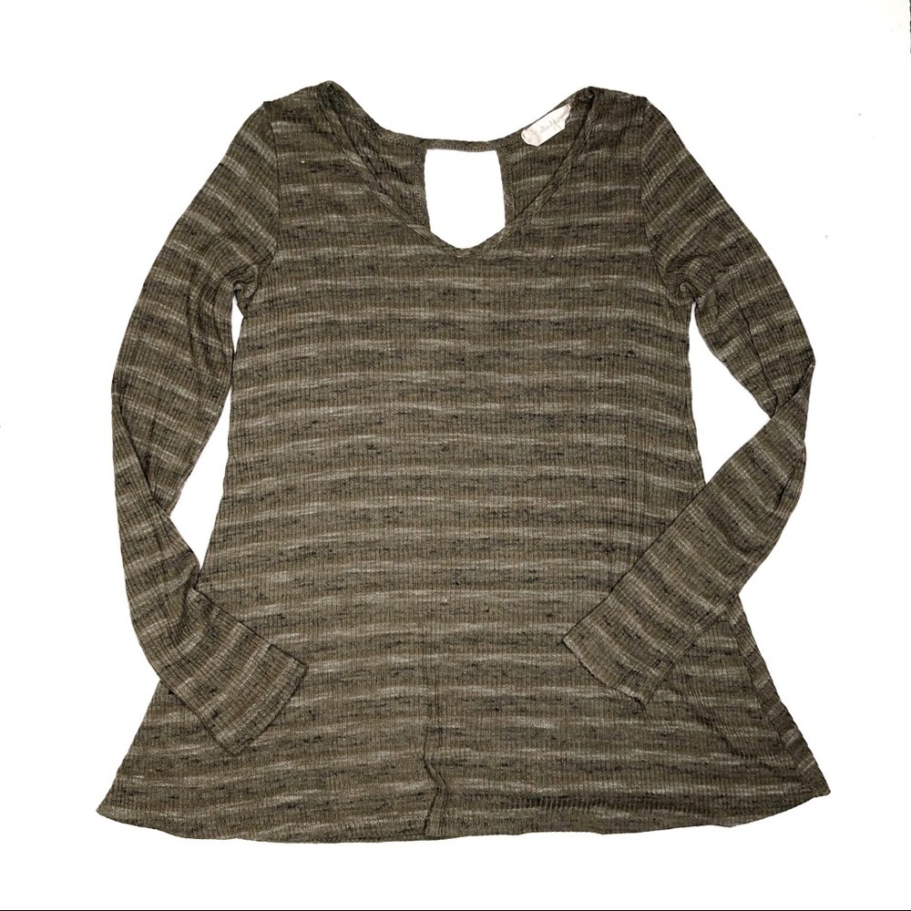 Altar’d State Ribbed V Neck Top Long Sleeve Green Stripe S